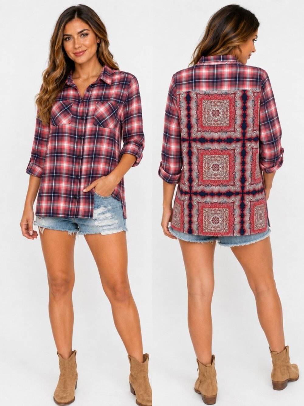 Zoe & Rose Band of Gypsies Mixed Print Plaid Medallion Shirt Long Sleeve Women L